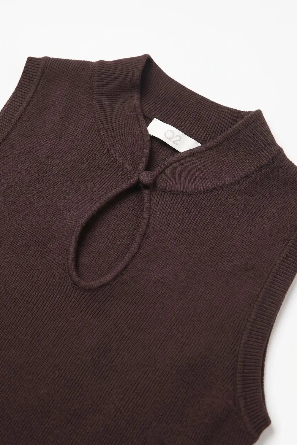 Brown Ribbed Knit High Neck Keyhole Sleeveless Top