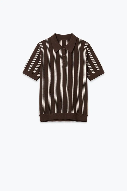 Brown Contrast Striped Fine Knit Polo Shirt