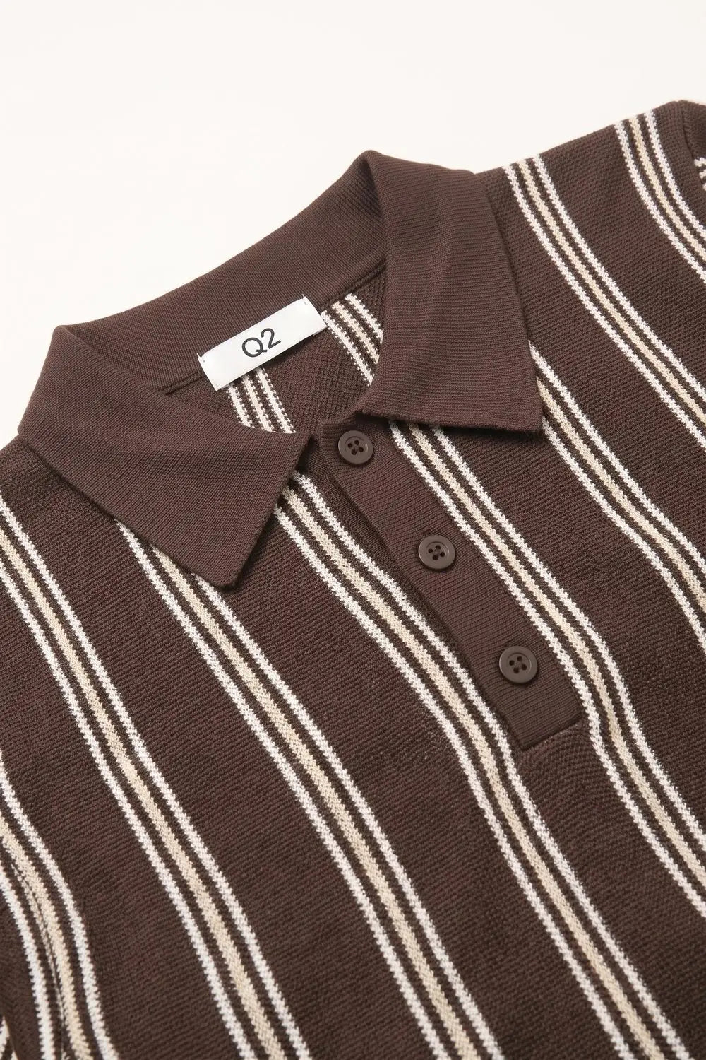 Brown Contrast Striped Fine Knit Polo Shirt