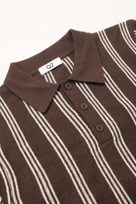 Brown Contrast Striped Fine Knit Polo Shirt