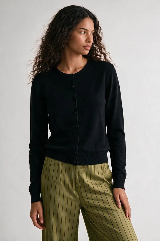 Black soft Knit Crew Neck Button Front Regular Fit Cardigan - BLACK / ONE - Cardigans