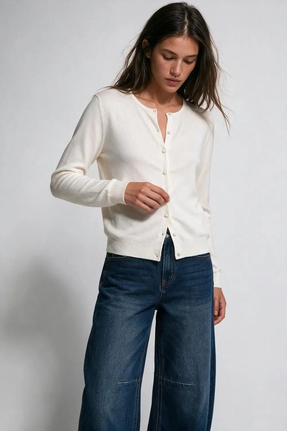 beige soft Knit Button Front Crew Neck Cardigan - BEIGE / ONE - Cardigans