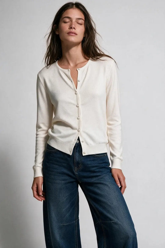 beige soft Knit Button Front Crew Neck Cardigan - BEIGE / ONE - Cardigans