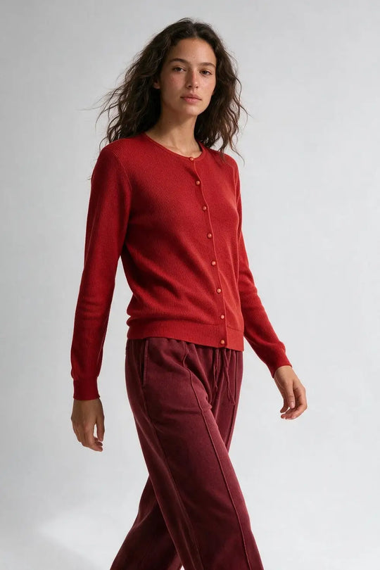 Red soft Knit Button Front Crew Neck Regular Fit Cardigan - RED / ONE - Cardigans