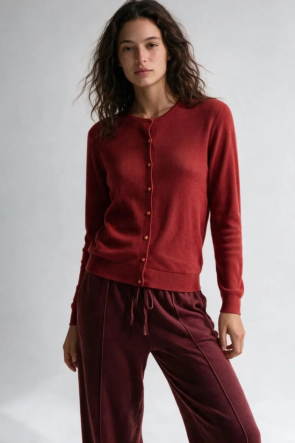 Red soft Knit Button Front Crew Neck Regular Fit Cardigan - RED / ONE - Cardigans