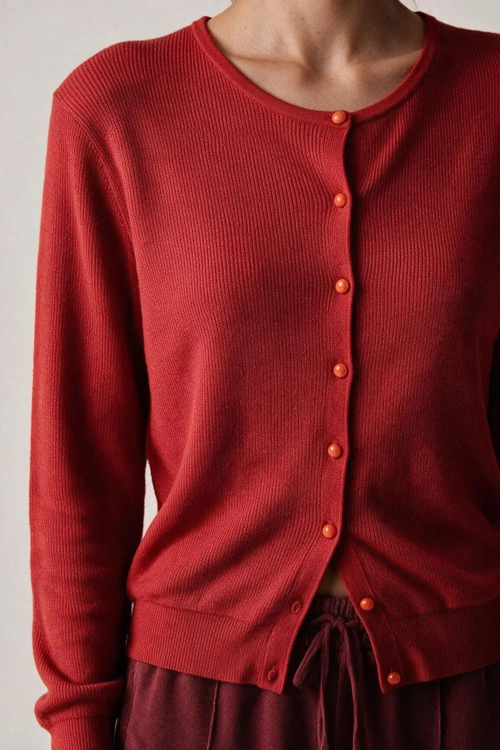Red soft Knit Button Front Crew Neck Regular Fit Cardigan - RED / ONE - Cardigans