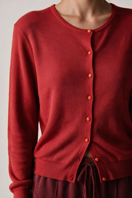 Red soft Knit Button Front Crew Neck Regular Fit Cardigan - RED / ONE - Cardigans