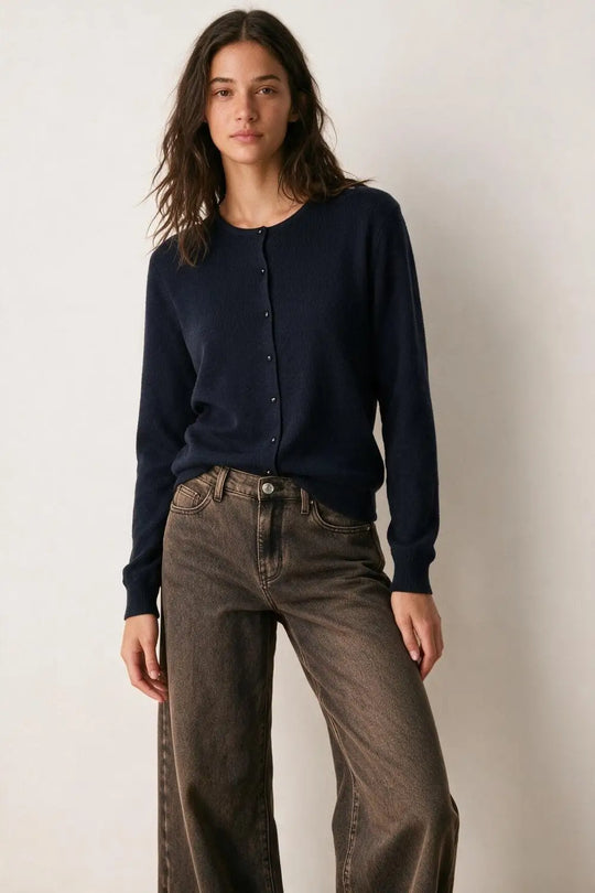Navy soft Knit Crew Neck Button Front Cardigan - NAVY / ONE - Cardigans