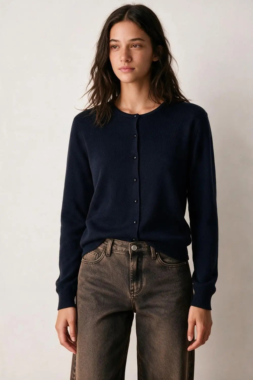 Navy soft Knit Crew Neck Button Front Cardigan - NAVY / ONE - Cardigans