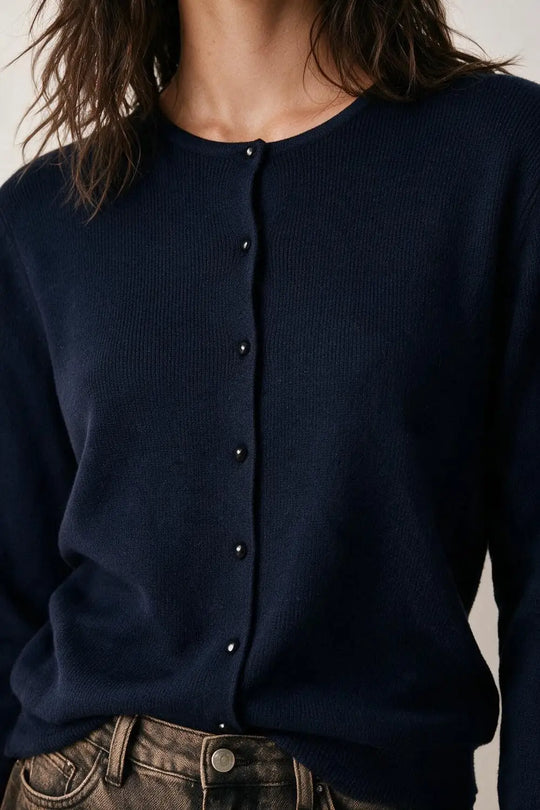 Navy soft Knit Crew Neck Button Front Cardigan - NAVY / ONE - Cardigans