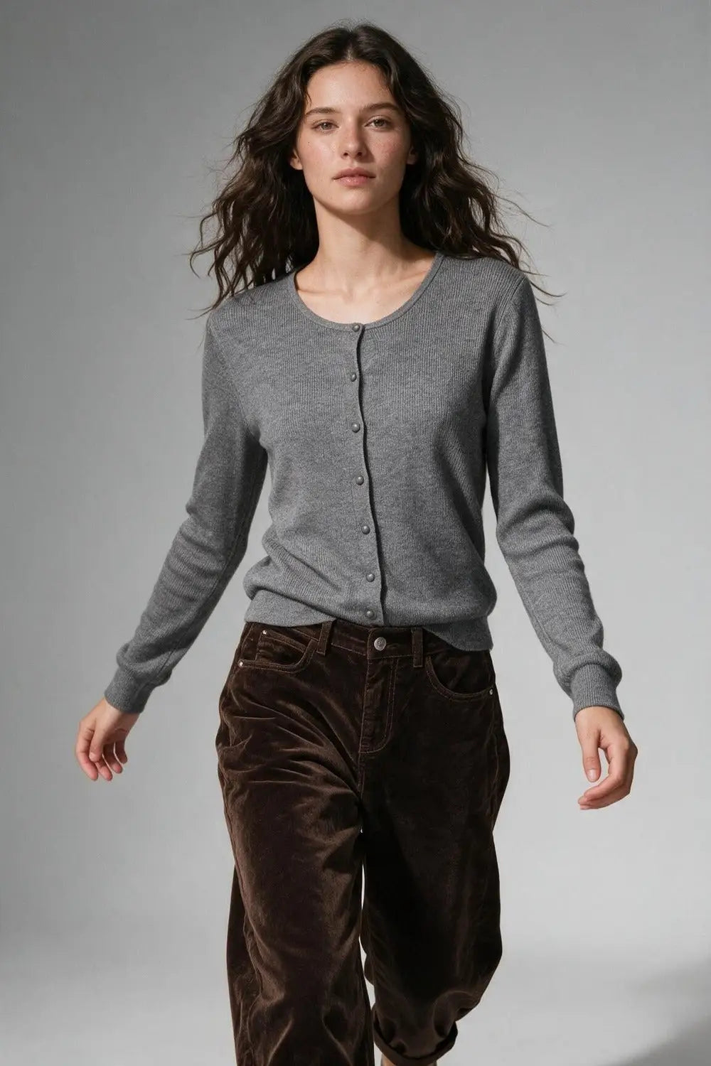Grey Ribbed Knit Button Front Crew Neck Cardigan - GRAY / ONE - Cardigans