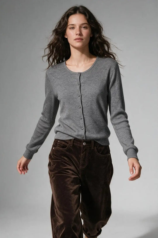 Grey Ribbed Knit Button Front Crew Neck Cardigan - GRAY / ONE - Cardigans