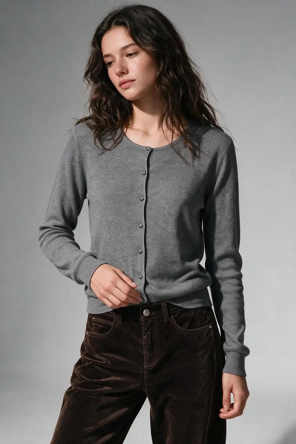 Grey Ribbed Knit Button Front Crew Neck Cardigan - GRAY / ONE - Cardigans