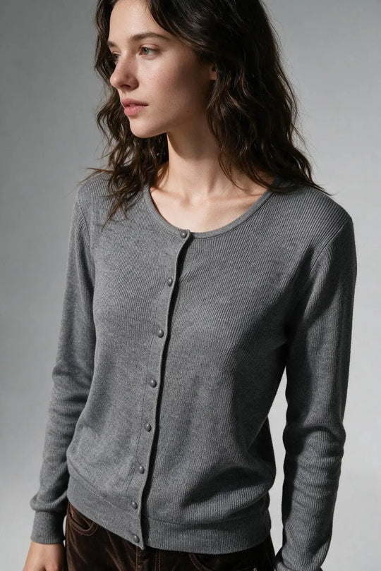 Grey Ribbed Knit Button Front Crew Neck Cardigan - GRAY / ONE - Cardigans