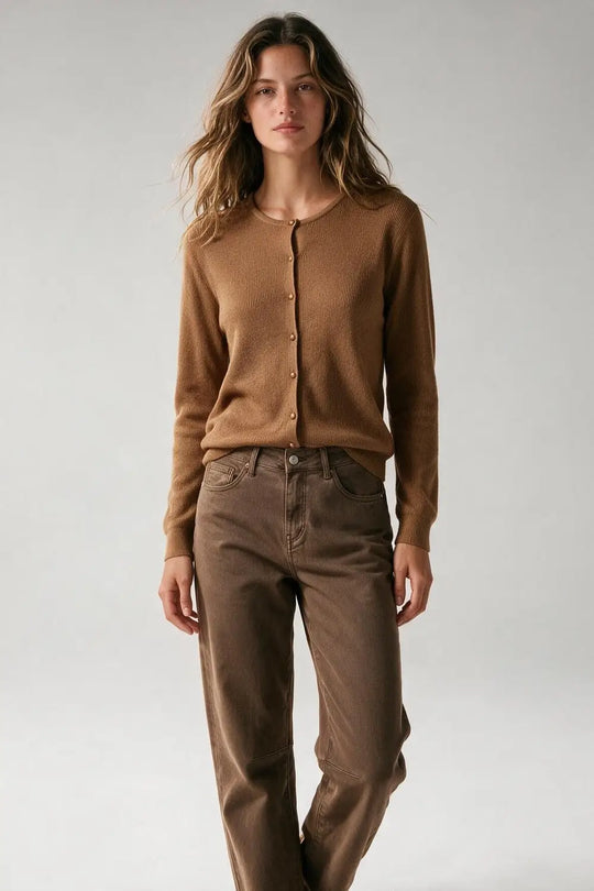 Camel Ribbed Knit Button Front Crew Neck Cardigan - CAMEL / ONE - Cardigans