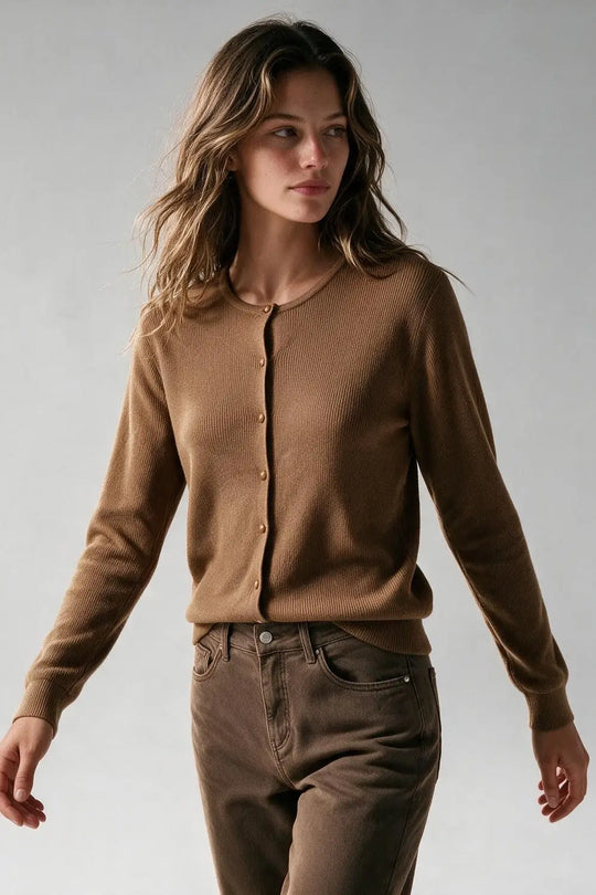 Camel Ribbed Knit Button Front Crew Neck Cardigan - CAMEL / ONE - Cardigans
