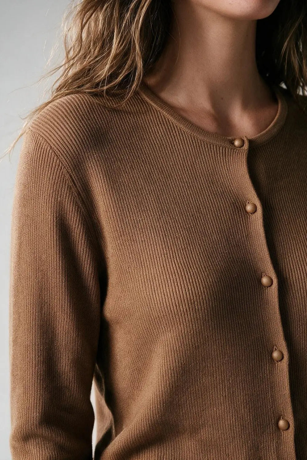 Camel Ribbed Knit Button Front Crew Neck Cardigan - CAMEL / ONE - Cardigans
