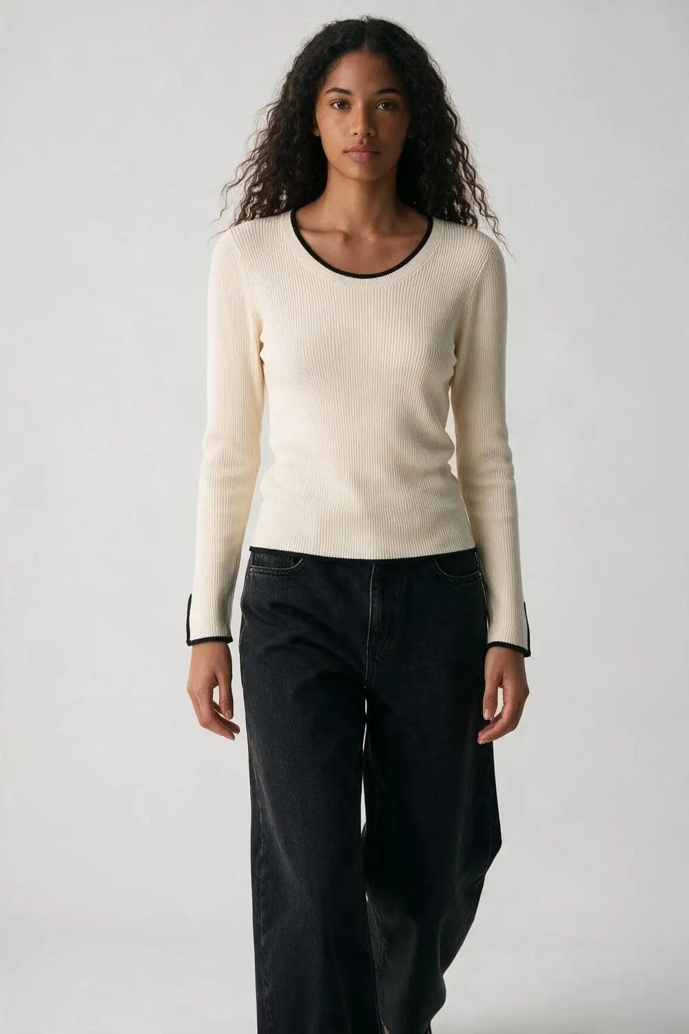 Cream Ribbed Knit Black Contrast Trim sweater in wide neck - CREAM / ONE - Sweaters