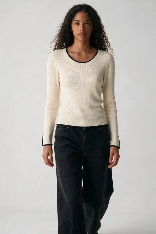 Cream Ribbed Knit Black Contrast Trim sweater in wide neck - CREAM / ONE - Sweaters