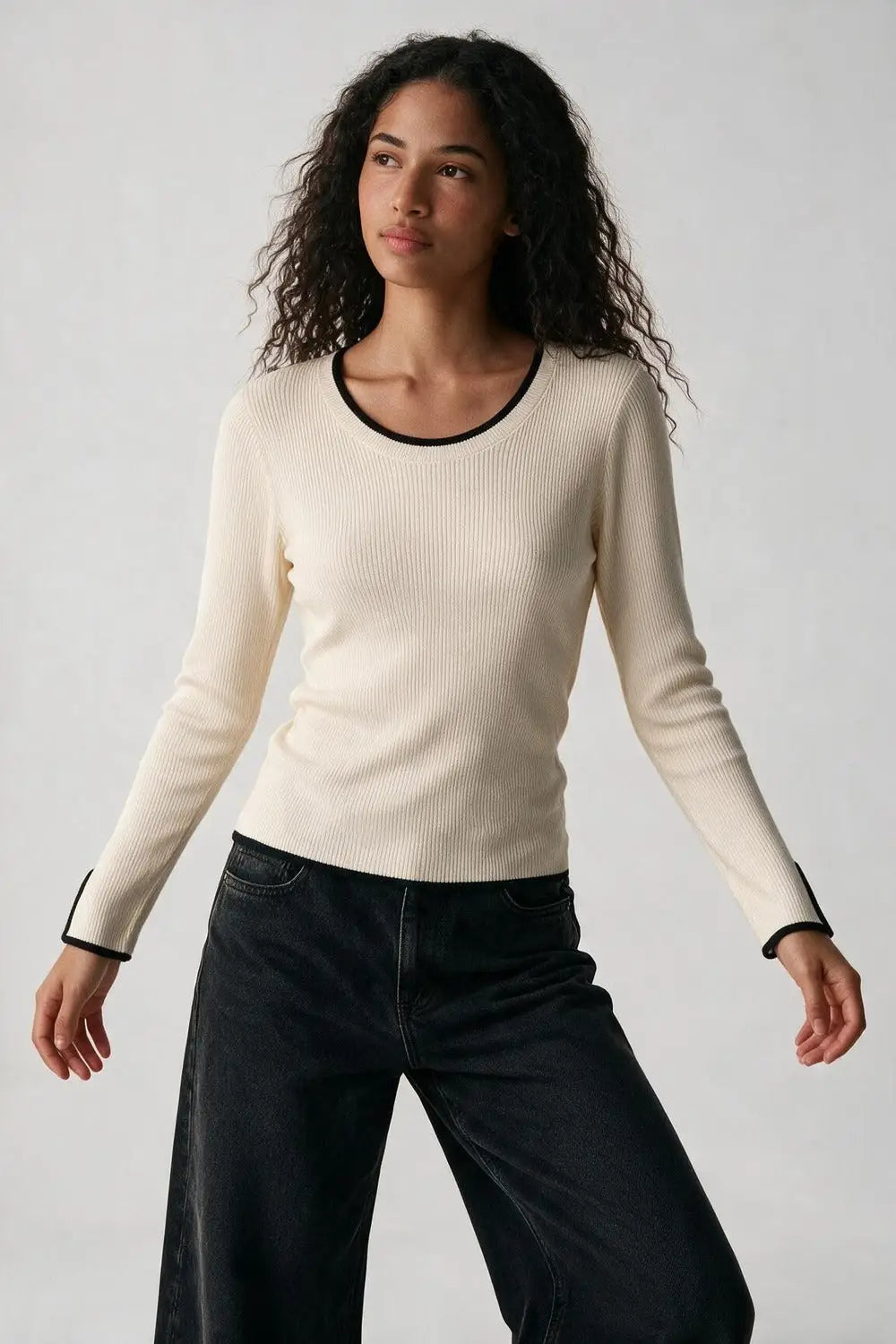 Cream Ribbed Knit Black Contrast Trim sweater in wide neck - CREAM / ONE - Sweaters