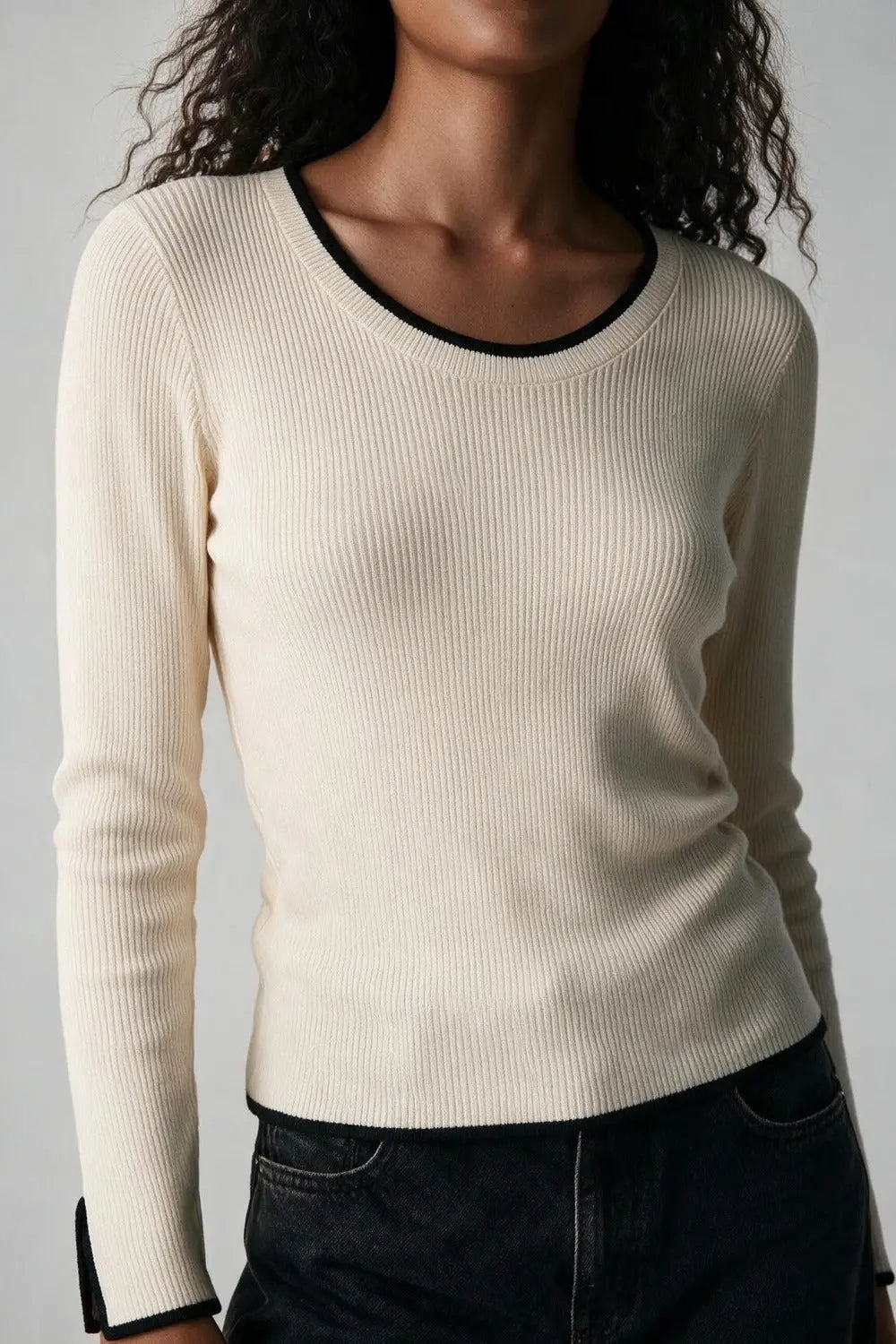 Cream Ribbed Knit Black Contrast Trim sweater in wide neck - CREAM / ONE - Sweaters