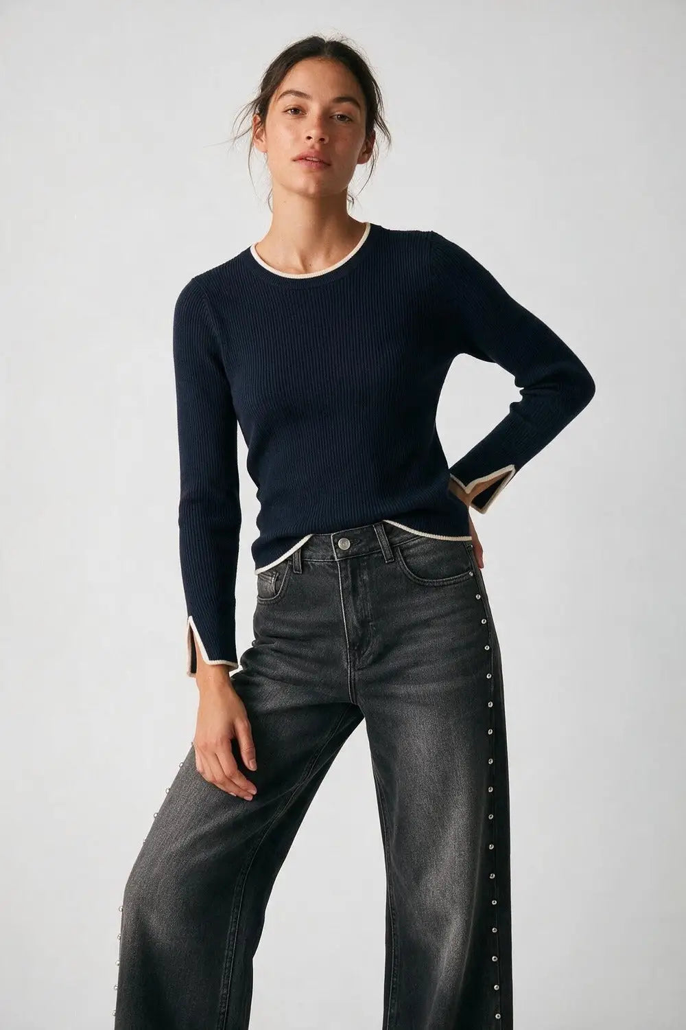 navy Ribbed Knit white Contrast Trim sweater in wide neck - NAVY / ONE - Sweaters