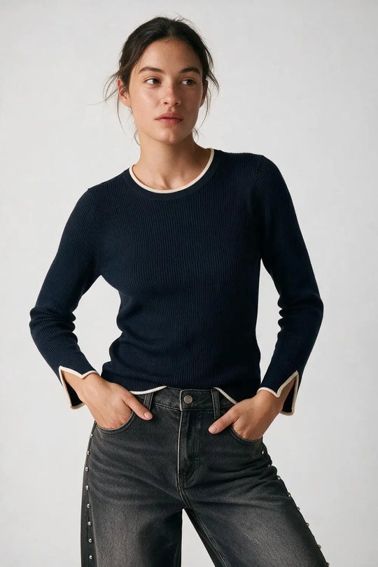 navy Ribbed Knit white Contrast Trim sweater in wide neck - NAVY / ONE - Sweaters