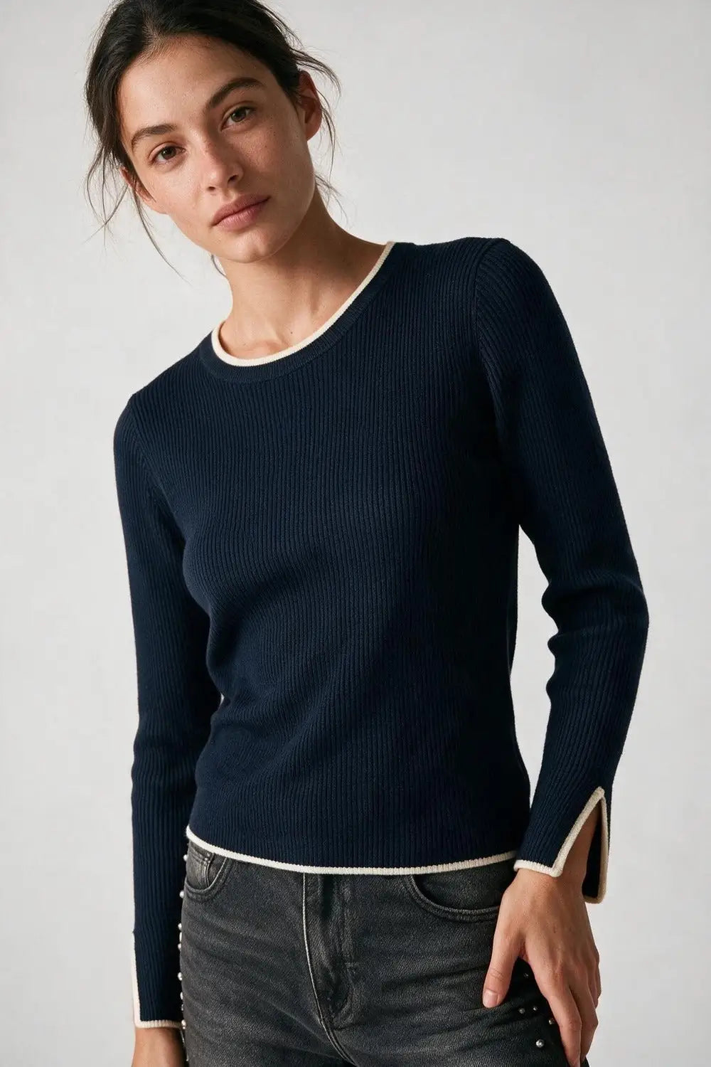navy Ribbed Knit white Contrast Trim sweater in wide neck - NAVY / ONE - Sweaters