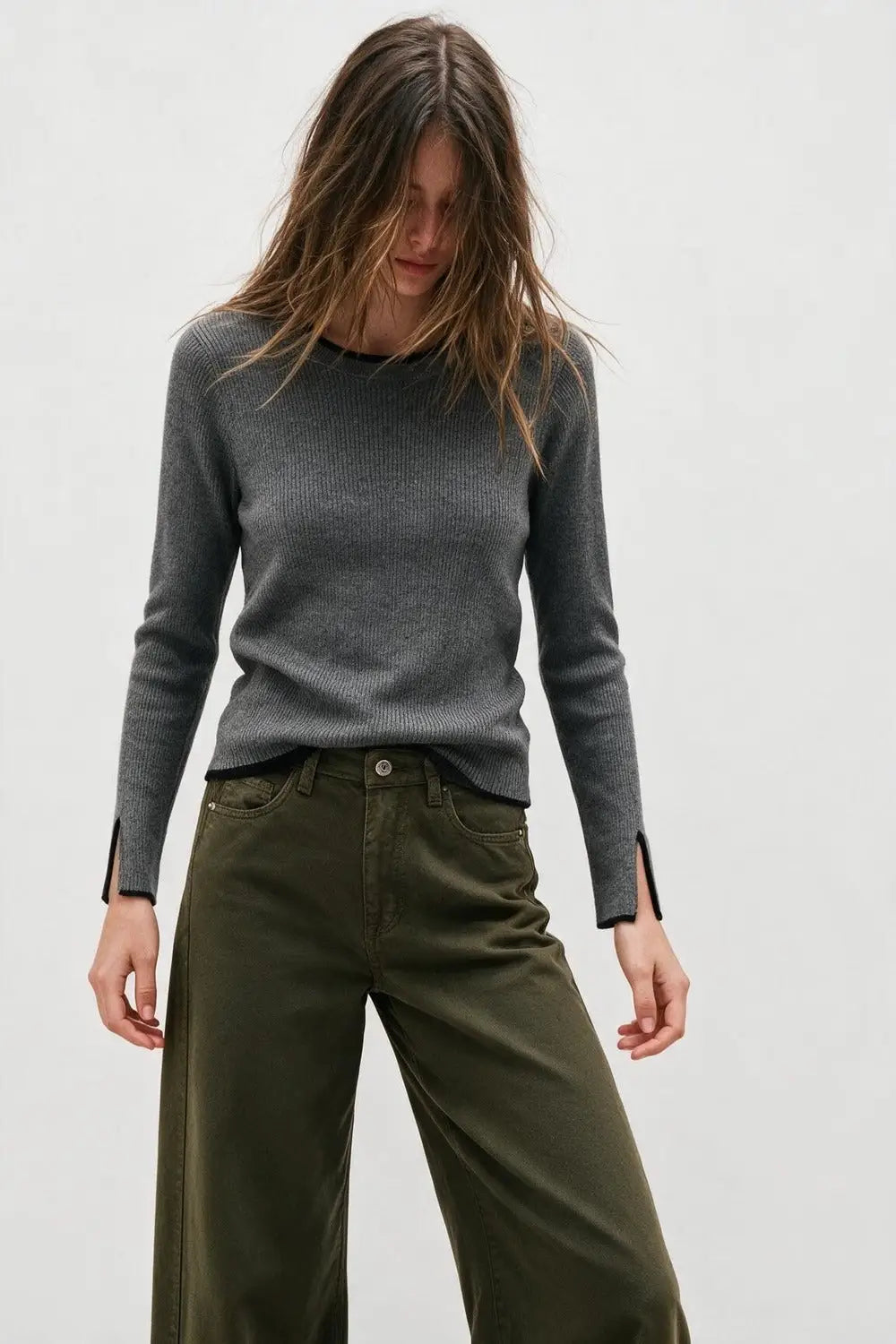 Grey Ribbed Knit Black Contrast Trim sweater in wide neck - GRAY / ONE - Sweaters