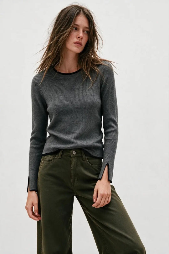 Grey Ribbed Knit Black Contrast Trim sweater in wide neck - GRAY / ONE - Sweaters