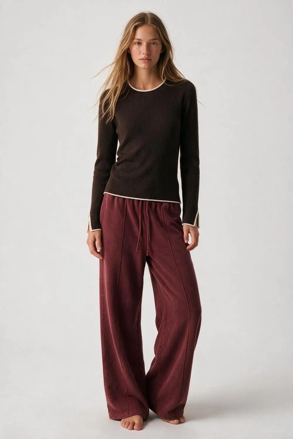 Brown Ribbed Knit white Contrast Trim sweater in wide neck - BROWN / ONE - Sweaters