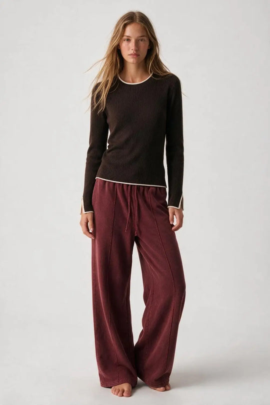Brown Ribbed Knit white Contrast Trim sweater in wide neck - BROWN / ONE - Sweaters