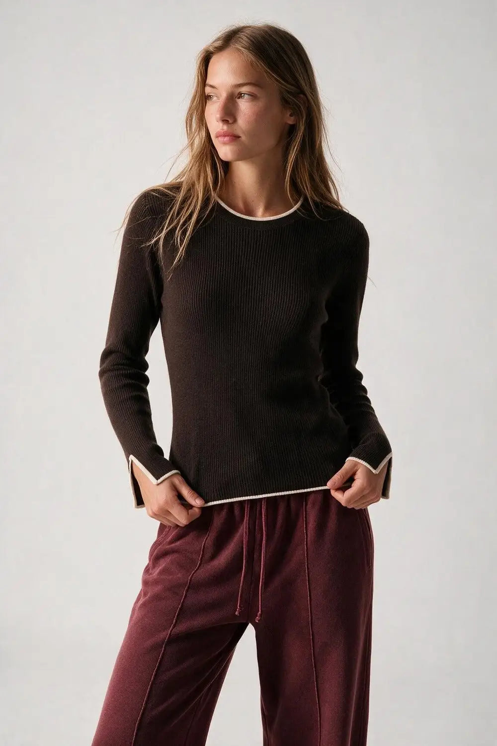 Brown Ribbed Knit white Contrast Trim sweater in wide neck - BROWN / ONE - Sweaters