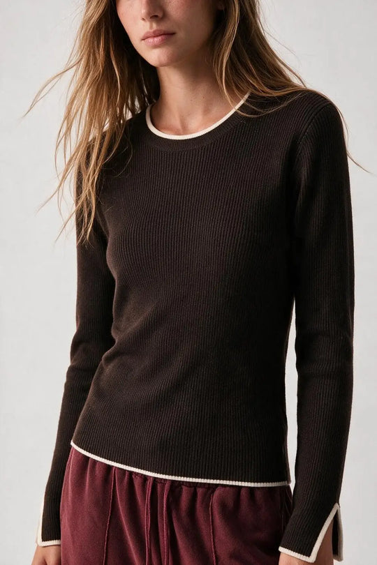 Brown Ribbed Knit white Contrast Trim sweater in wide neck - BROWN / ONE - Sweaters