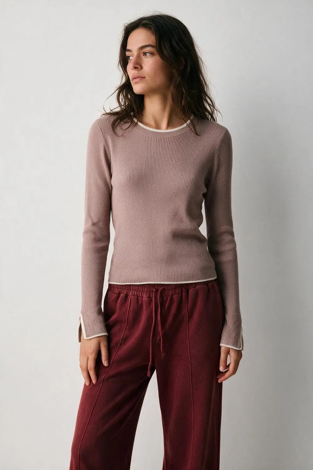 pink Ribbed Knit white Contrast Trim sweater in wide neck - PINK / ONE - Sweaters