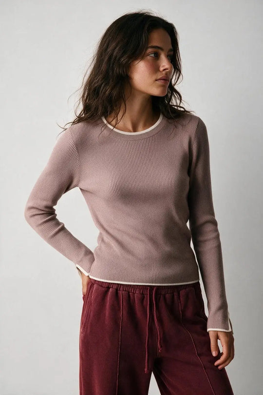 pink Ribbed Knit white Contrast Trim sweater in wide neck - PINK / ONE - Sweaters