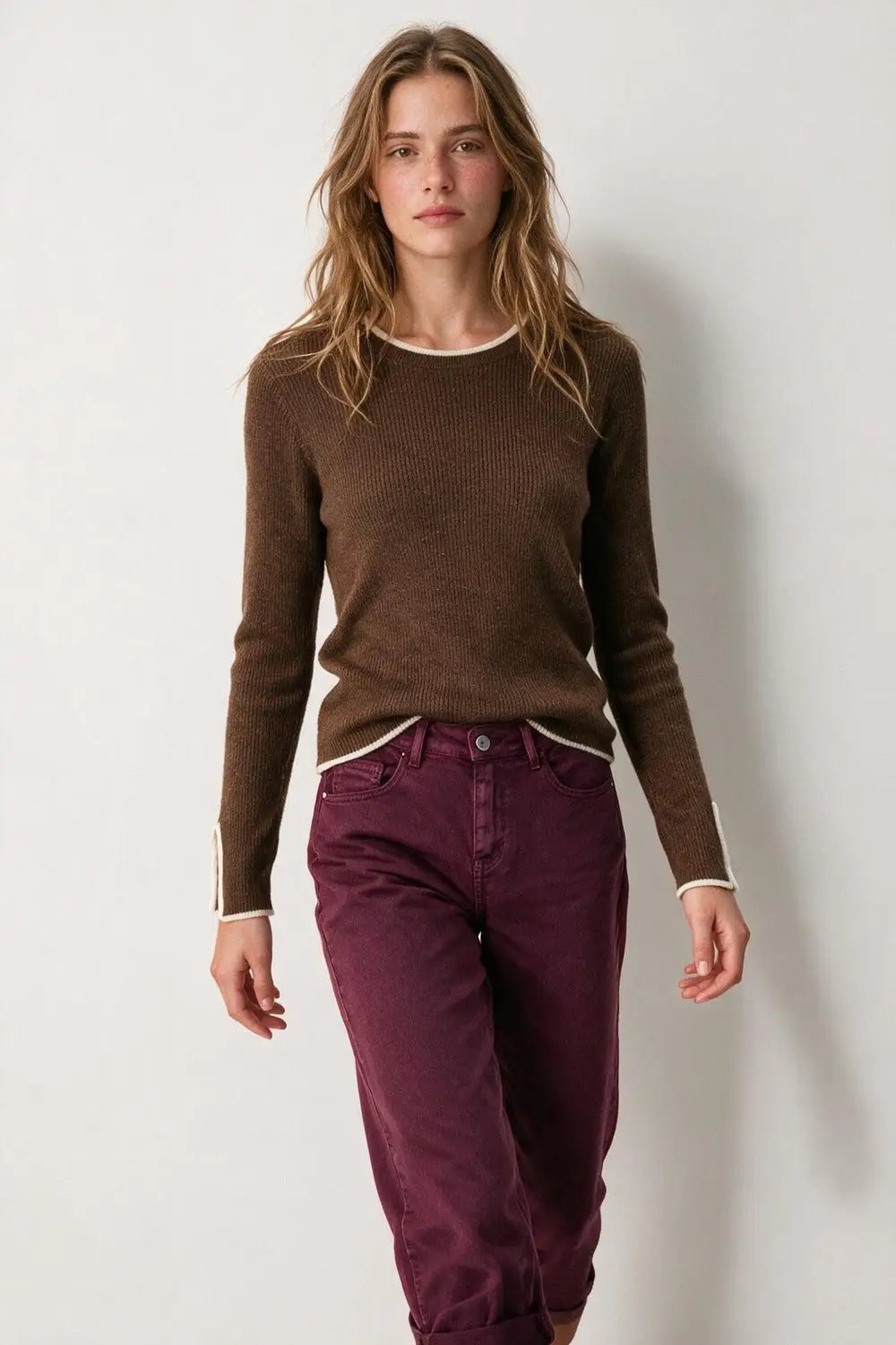 Camel Ribbed Knit Contrast Trim Long Sleeve Sweater - CAMEL / ONE - Sweaters