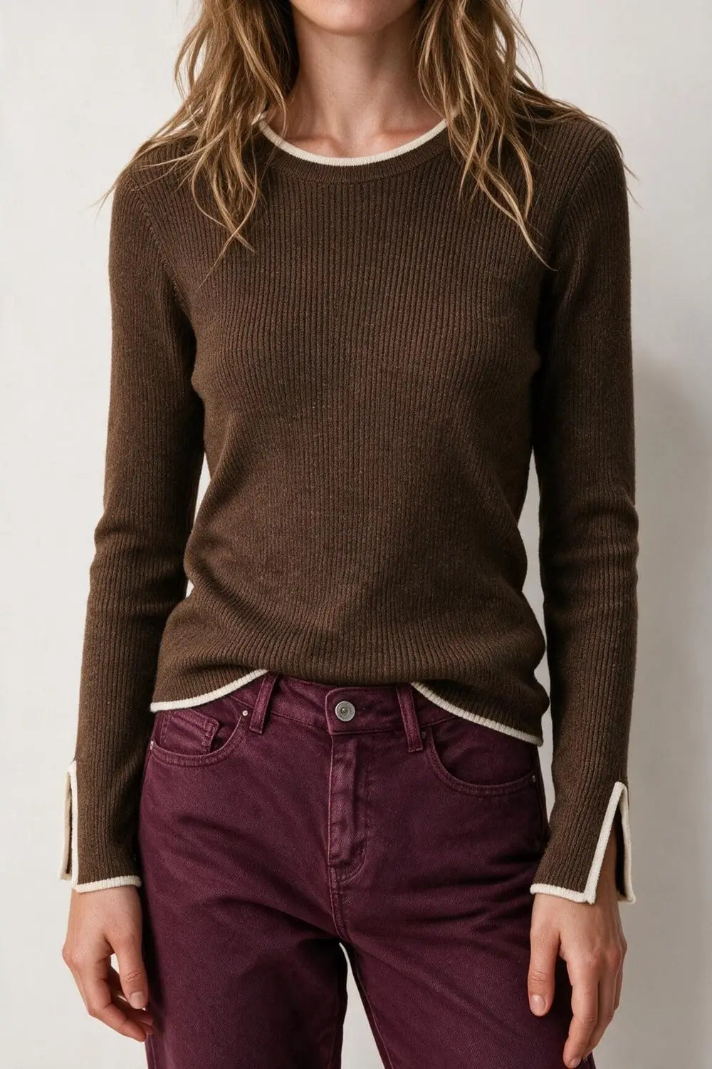 Camel Ribbed Knit Contrast Trim Long Sleeve Sweater - CAMEL / ONE - Sweaters