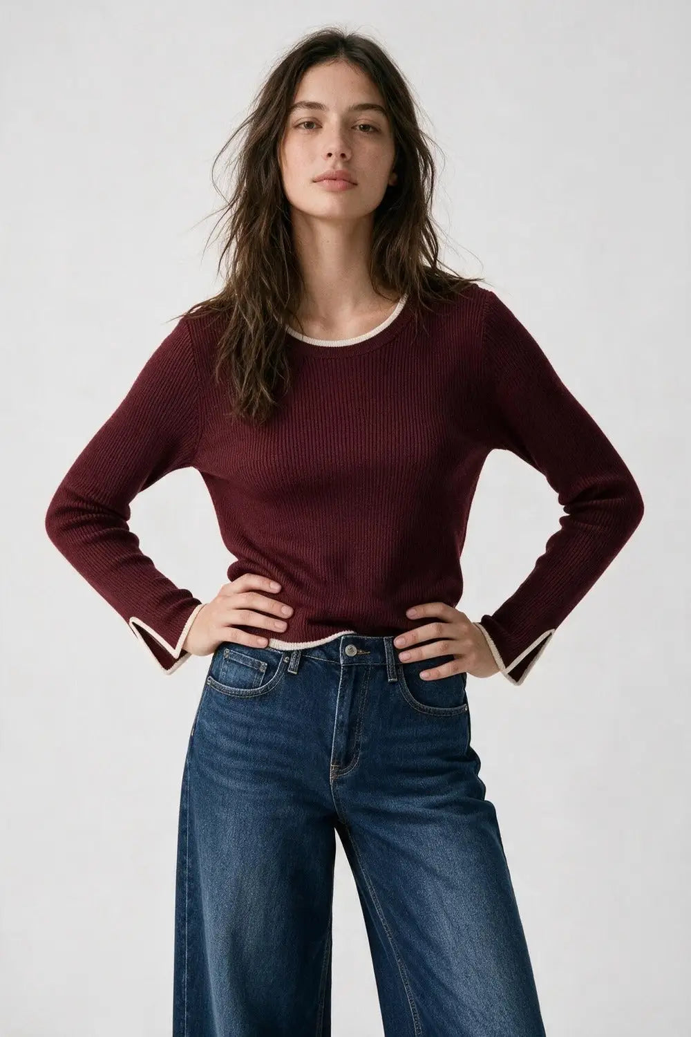Burgundy Ribbed Knit white Contrast Trim sweater in wide neck - MAROON / ONE - Sweaters
