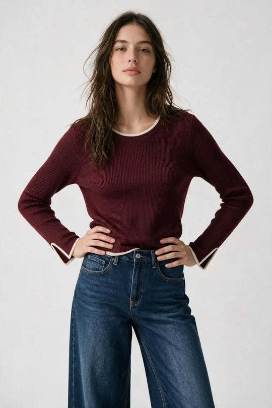 Burgundy Ribbed Knit white Contrast Trim sweater in wide neck - MAROON / ONE - Sweaters