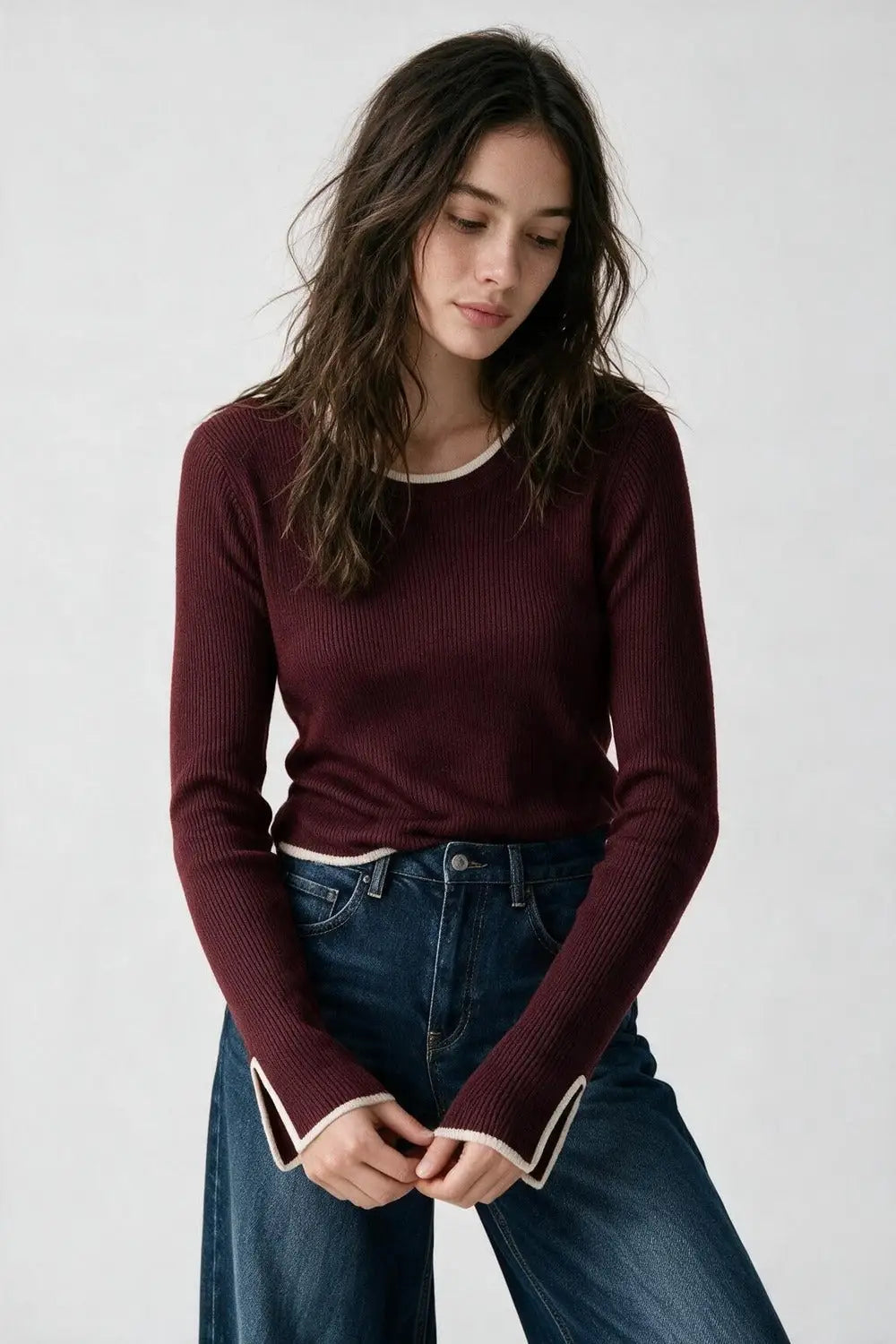 Burgundy Ribbed Knit white Contrast Trim sweater in wide neck - MAROON / ONE - Sweaters