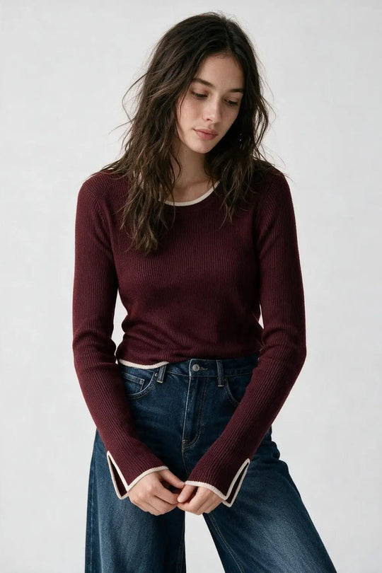 Burgundy Ribbed Knit white Contrast Trim sweater in wide neck - MAROON / ONE - Sweaters