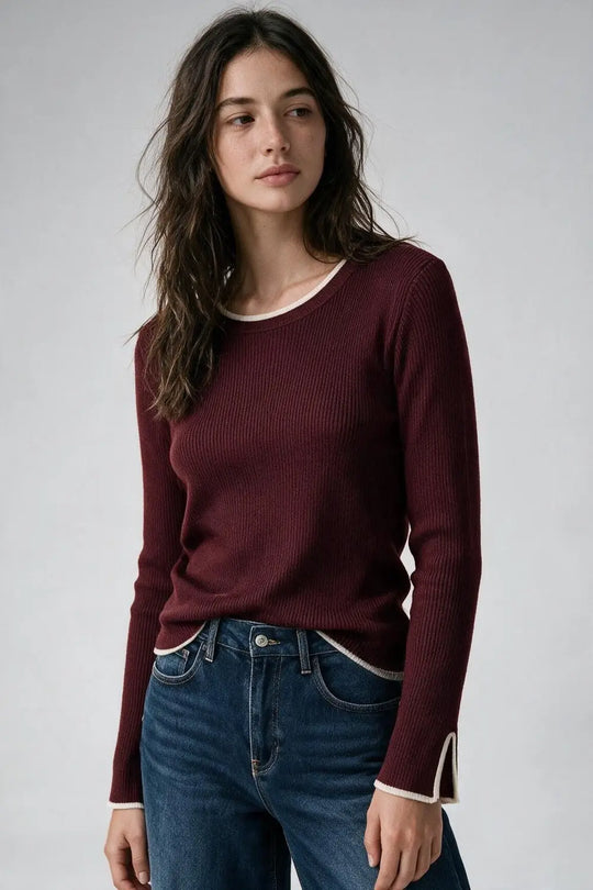 Burgundy Ribbed Knit white Contrast Trim sweater in wide neck - MAROON / ONE - Sweaters