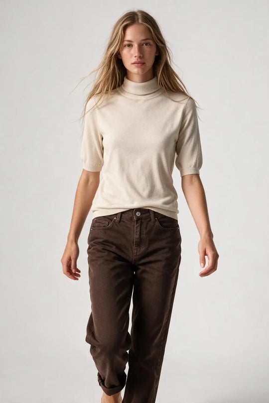 Cream Short Sleeve Turtleneck Knit Sweater - CREAM / ONE - Sweaters