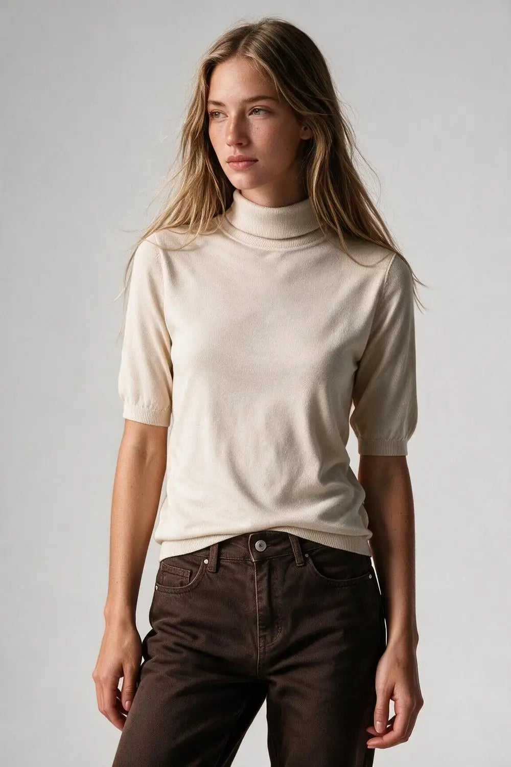 Cream Short Sleeve Turtleneck Knit Sweater - CREAM / ONE - Sweaters