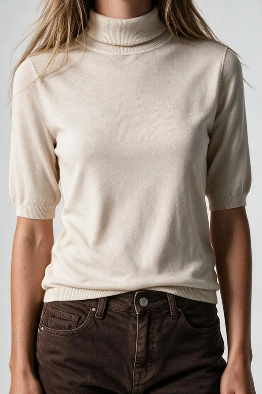 Cream Short Sleeve Turtleneck Knit Sweater - CREAM / ONE - Sweaters