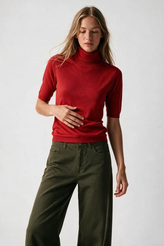 Red Fine Knit Turtleneck Elbow Sleeve Regular Fit Sweater - RED / ONE - Sweaters