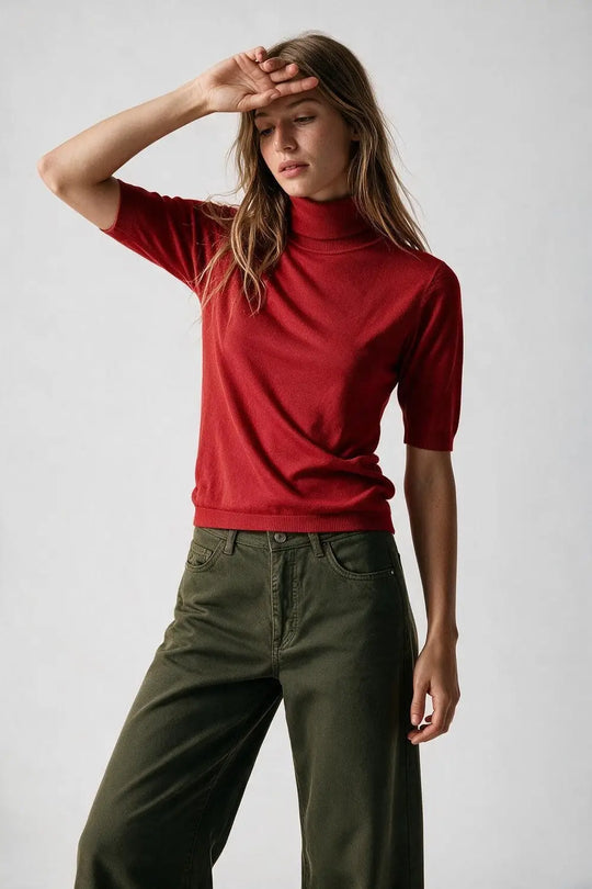 Red Fine Knit Turtleneck Elbow Sleeve Regular Fit Sweater - RED / ONE - Sweaters