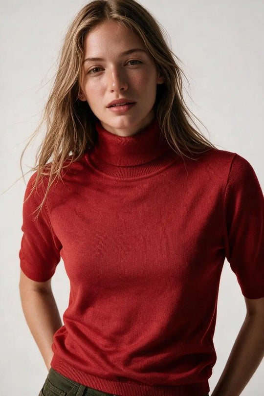 Red Fine Knit Turtleneck Elbow Sleeve Regular Fit Sweater - RED / ONE - Sweaters