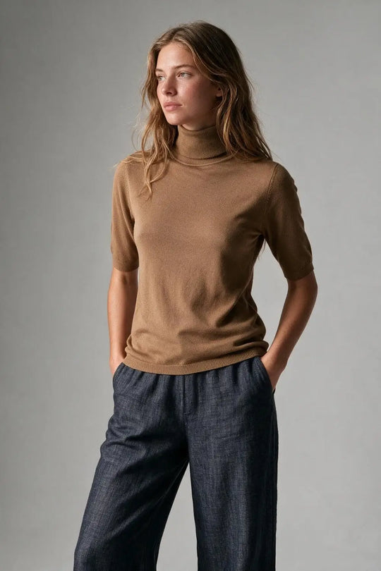 Camel Ribbed Knit Short Sleeve Turtleneck Sweater - CAMEL / ONE - Sweaters